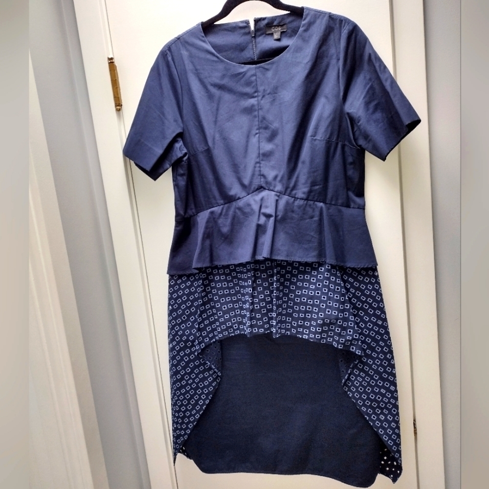 COS Navy Eyelet Peplum Tiered Dress Cotton Blend Size 12